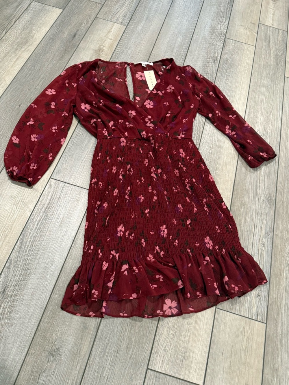 NWT Rowa Maroon Floral Long Sleeve Mini Dress Smocked Bottom